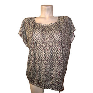 CHICO'S Top Women's Size L (2) Green Rust Embellished SS Banded Waist Blouse